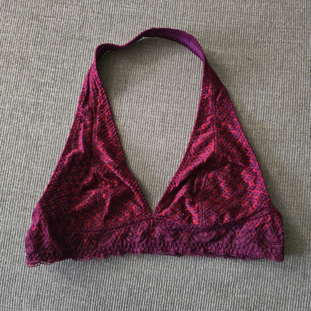Free People Intimately Textured Velvet Halter Bralette in Burgundy Size Small